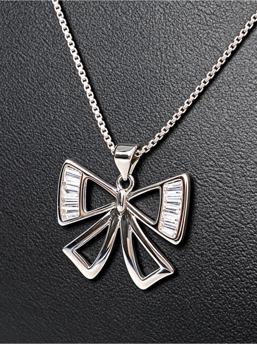 White Gold Filled Bow Pendant Necklace - White CZ Accents